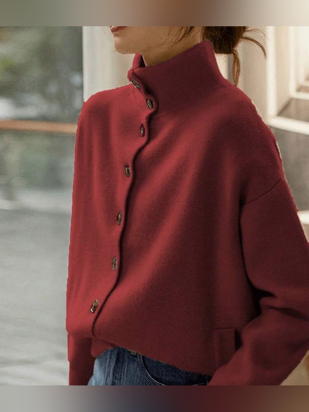 No brand | Button-Front Mock Neck Sweater - Deep Burgundy